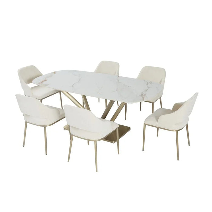 Dreamfield 1+6 Stone Top Dining Set | 7-Piece Comfortable Dining Set | Kitchen Dining Table With 6 Dining Chairs | Modern Design Furniture For Dining Room - White Marble/Brushed Gold