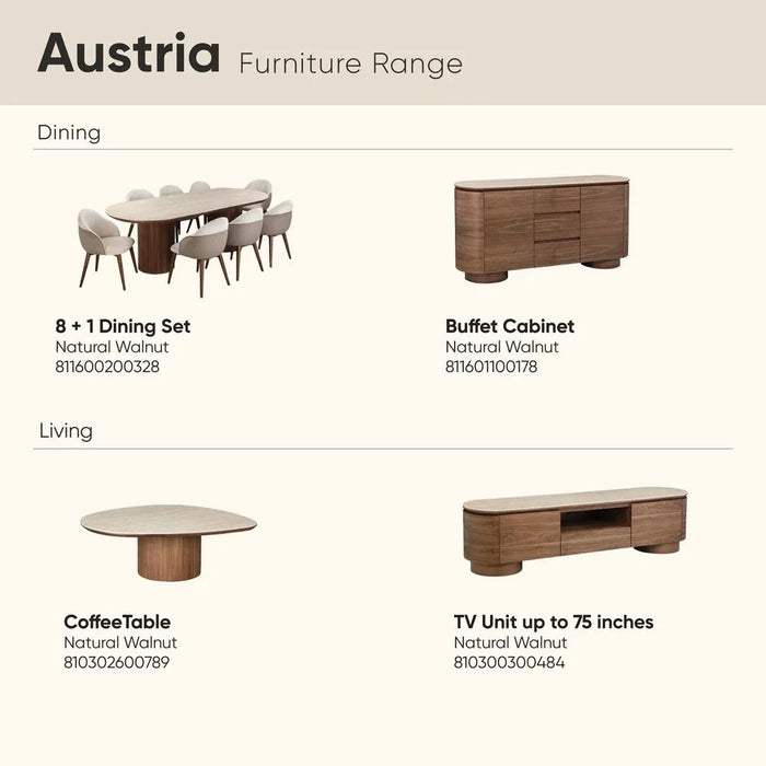 Austria 1 + 8-Seater Dining Set-Natural Walnut/Beige-With 2-Year Warranty