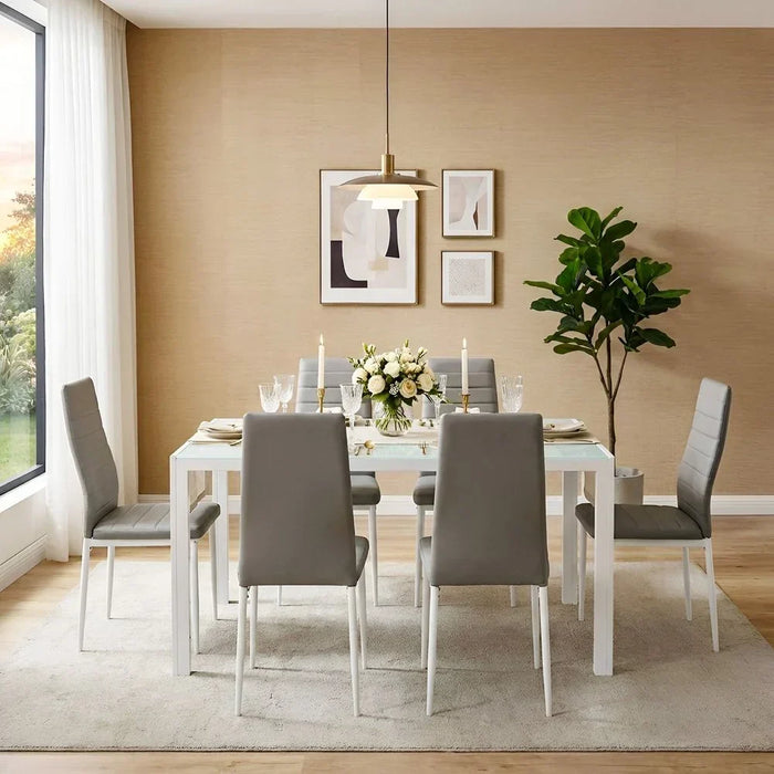 Yattin 1+6 Glass Dining Set | 7-Piece Comfortable Dining Set | Sturdy Kitchen Dining Table With 6 Dining Chairs | Modern Design Furniture For Home Dining Room - White/Light Grey