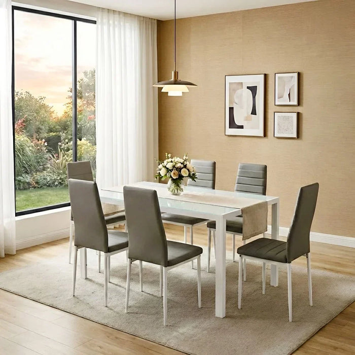 Yattin 1+6 Glass Dining Set | 7-Piece Comfortable Dining Set | Sturdy Kitchen Dining Table With 6 Dining Chairs | Modern Design Furniture For Home Dining Room - White/Light Grey