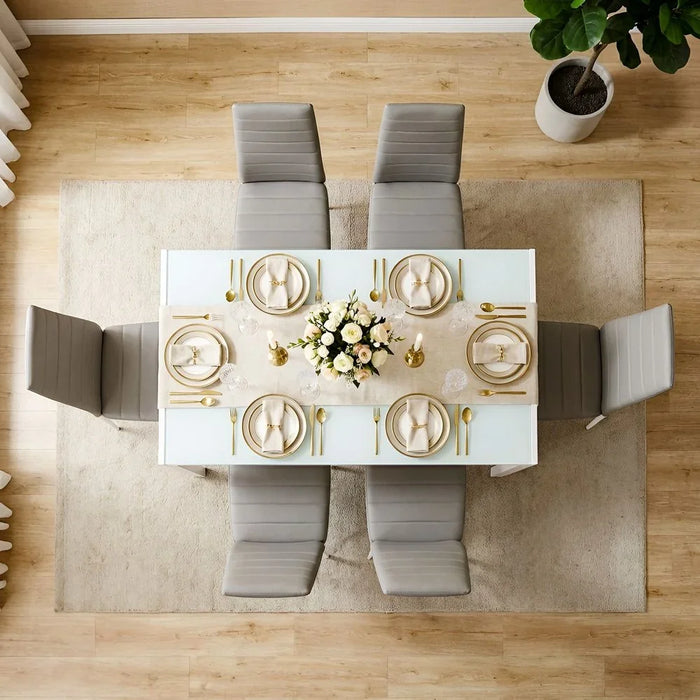 Yattin 1+6 Glass Dining Set | 7-Piece Comfortable Dining Set | Sturdy Kitchen Dining Table With 6 Dining Chairs | Modern Design Furniture For Home Dining Room - White/Light Grey