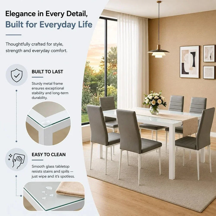 Yattin 1+6 Glass Dining Set | 7-Piece Comfortable Dining Set | Sturdy Kitchen Dining Table With 6 Dining Chairs | Modern Design Furniture For Home Dining Room - White/Light Grey