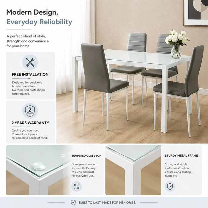 Yattin 1+6 Glass Dining Set | 7-Piece Comfortable Dining Set | Sturdy Kitchen Dining Table With 6 Dining Chairs | Modern Design Furniture For Home Dining Room - White/Light Grey