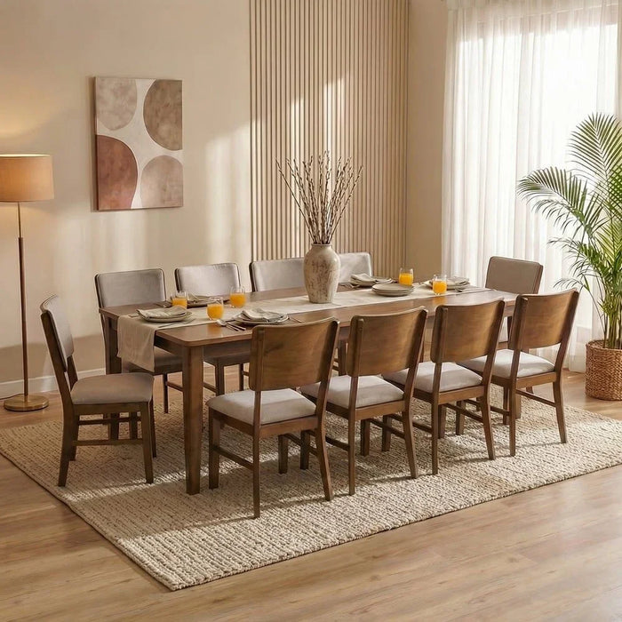 11-Piece Raytown 1 + 10 Solidwood Dining Set Dining Set Sturdy Kitchen Dining Table With 10-Seater Dining Chairs Wooden Modern Design Furniture For Home Dining Room - Walnut/Brown