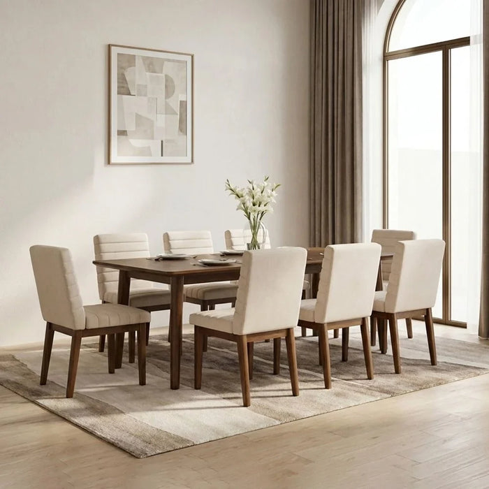 Gerry 1+8 Wooden Dining Set | 9-Piece Comfortable Dining Set | Kitchen Dining Table With 8 Dining Chairs | Modern Design Furniture For Dining Room - Walnut-Antique Brown/Beige