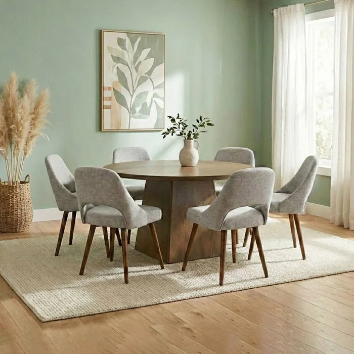 Gemma 1+6 Round Wooden Dining Set | 7-Piece Comfortable Dining Set | Kitchen Dining Table With 6 Dining Chairs | Modern Design Furniture For Dining Room - Antique Brown/Grey
