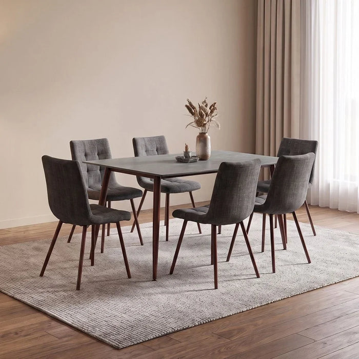 Akershus 1+6 Sintered Stone Top Dining Set | 7-Piece Comfortable Dining Set | Kitchen Dining Table With 6 Dining Chairs | Modern Design Furniture For Dining Room - Grey/Walnut