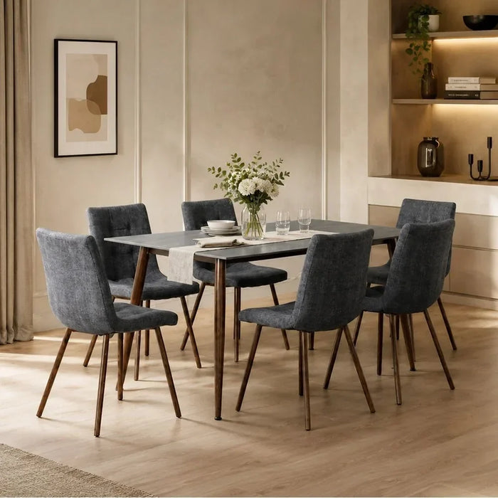 Akershus 1+6 Sintered Stone Top Dining Set | 7-Piece Comfortable Dining Set | Kitchen Dining Table With 6 Dining Chairs | Modern Design Furniture For Dining Room - Grey/Walnut