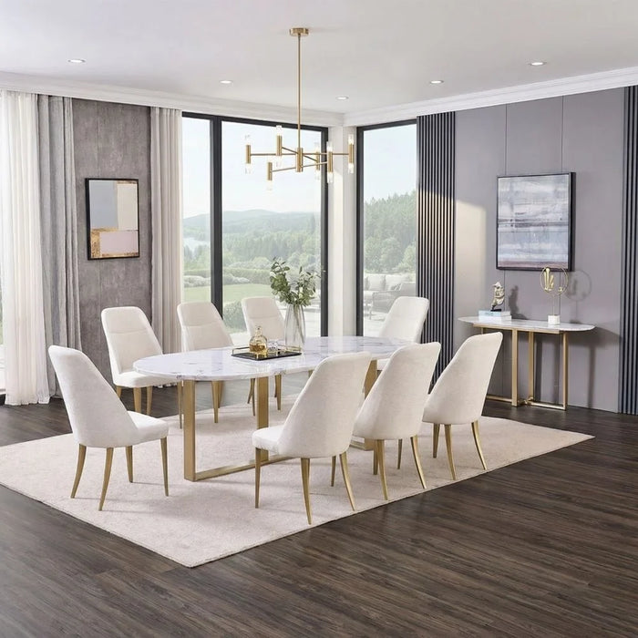 Augusta 1+8 Marble Top Dining Set - White Grey/ Matt Champagne Gold