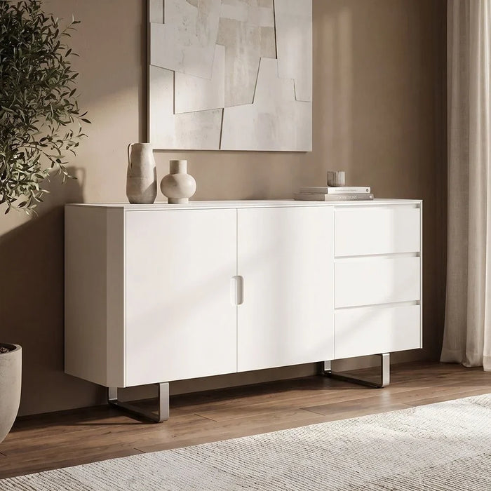 Monarch Sideboard Sturdy Home Kitchen Organiser Sideboard Modern Design Furniture For Dining Room Living Room Kitchen-White / Brushedsilver