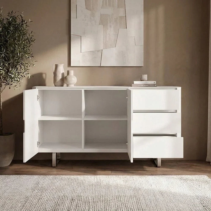 Monarch Sideboard Sturdy Home Kitchen Organiser Sideboard Modern Design Furniture For Dining Room Living Room Kitchen-White / Brushedsilver