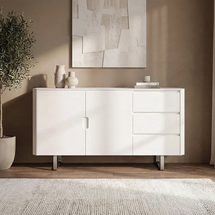 Monarch Sideboard Sturdy Home Kitchen Organiser Sideboard Modern Design Furniture For Dining Room Living Room Kitchen-White / Brushedsilver