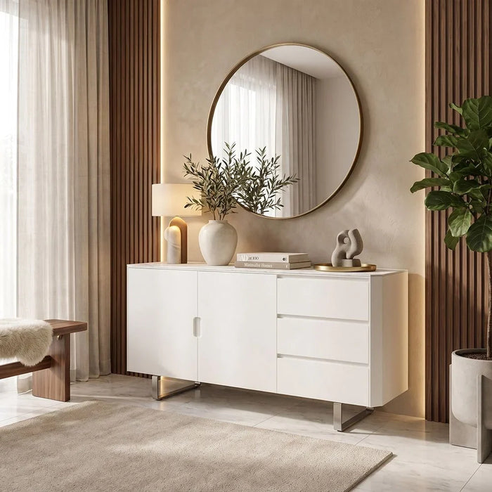 Monarch Sideboard Sturdy Home Kitchen Organiser Sideboard Modern Design Furniture For Dining Room Living Room Kitchen-White / Brushedsilver