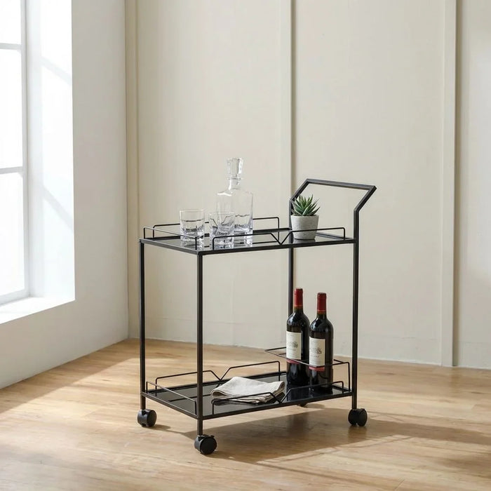 Otto Serving Trolley Metal Frame Modern Rolling Bar Cart Stylish Serving Cart With Glass Shelves Elegant Trolley For Living Room Dining Room Kitchen Storage â€“ Black