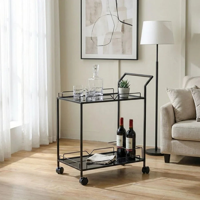 Otto Serving Trolley Metal Frame Modern Rolling Bar Cart Stylish Serving Cart With Glass Shelves Elegant Trolley For Living Room Dining Room Kitchen Storage â€“ Black