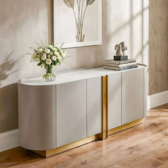 AlLayal Marble Top Buffet Cabinet | Strong And Sturdy Kitchen Organiser Rack | Modern Design Sideboard Cabinet Side Board For Dining Room Bar Kitchen L180xW45xH80cm - Brown/Brushed Gold