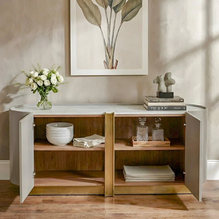 AlLayal Marble Top Buffet Cabinet | Strong And Sturdy Kitchen Organiser Rack | Modern Design Sideboard Cabinet Side Board For Dining Room Bar Kitchen L180xW45xH80cm - Brown/Brushed Gold