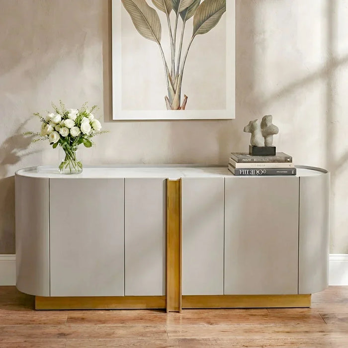 AlLayal Marble Top Buffet Cabinet | Strong And Sturdy Kitchen Organiser Rack | Modern Design Sideboard Cabinet Side Board For Dining Room Bar Kitchen L180xW45xH80cm - Brown/Brushed Gold