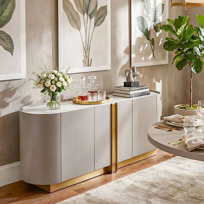 AlLayal Marble Top Buffet Cabinet | Strong And Sturdy Kitchen Organiser Rack | Modern Design Sideboard Cabinet Side Board For Dining Room Bar Kitchen L180xW45xH80cm - Brown/Brushed Gold