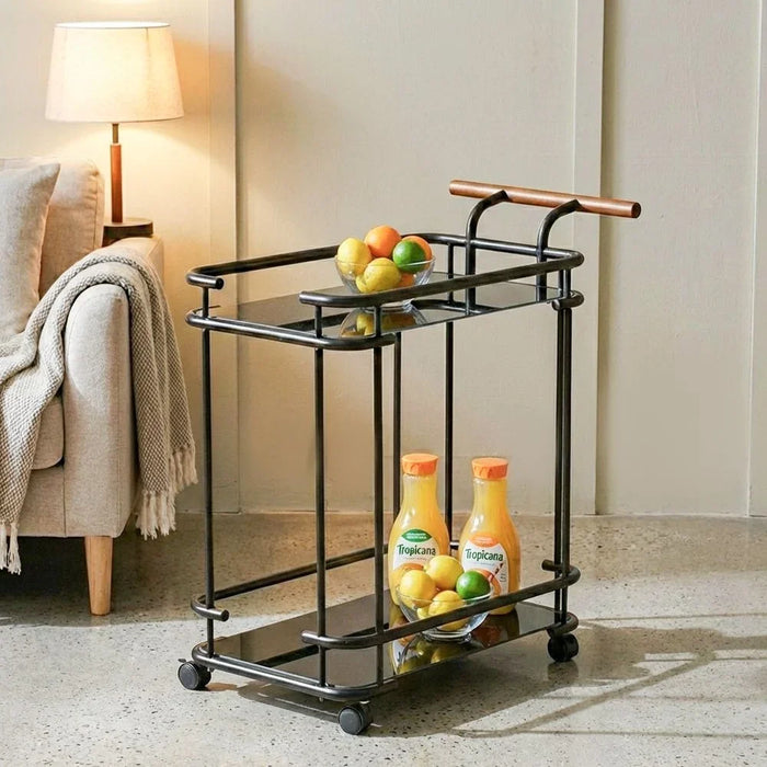 Huskar Black Tempered Glass Serving Trolley with Bottle Holders - Stylish Dining Room Furniture, Metal & Glass Design, Ideal for Entertaining - Size: L70xW40xH74cm