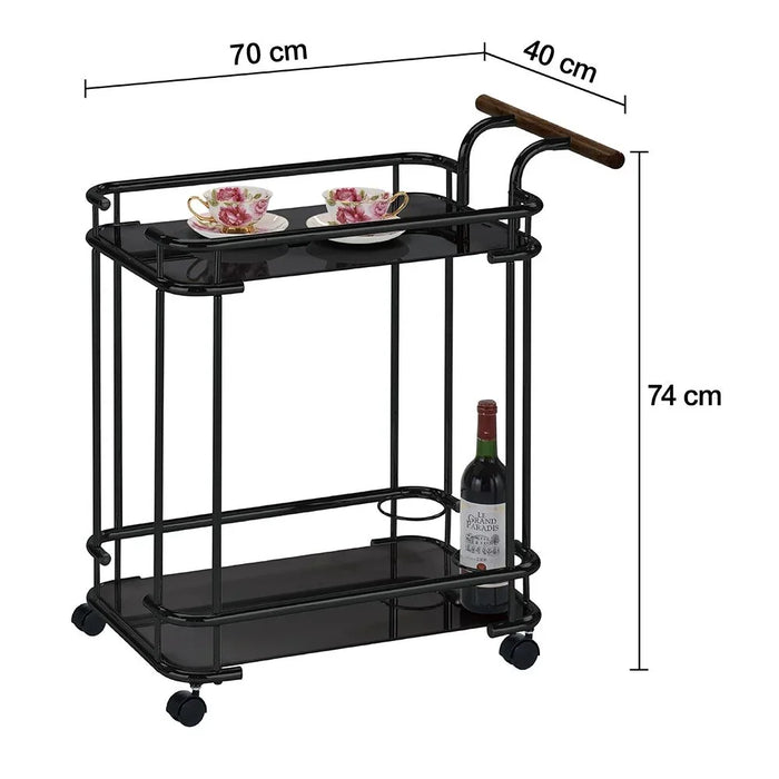 Huskar Black Tempered Glass Serving Trolley with Bottle Holders - Stylish Dining Room Furniture, Metal & Glass Design, Ideal for Entertaining - Size: L70xW40xH74cm