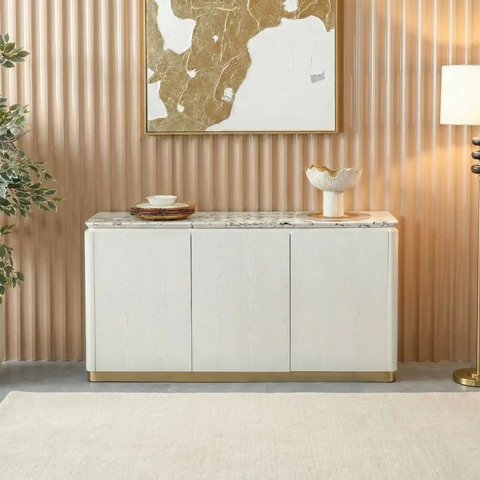 Akira Stone Top Sideboard With 3 Doors | Sturdy Kitchen Organiser Rack | Modern Design Sideboard Cabinet Side Board For Dining Room L152xW45xH78cm - White/Grey