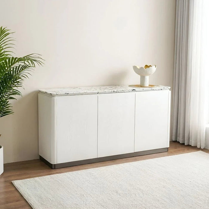 Akira Stone Top Sideboard With 3 Doors | Sturdy Kitchen Organiser Rack | Modern Design Sideboard Cabinet Side Board For Dining Room L152xW45xH78cm - White/Grey