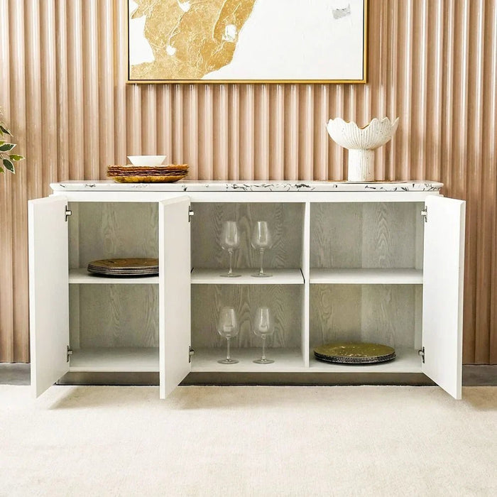 Akira Stone Top Sideboard With 3 Doors | Sturdy Kitchen Organiser Rack | Modern Design Sideboard Cabinet Side Board For Dining Room L152xW45xH78cm - White/Grey