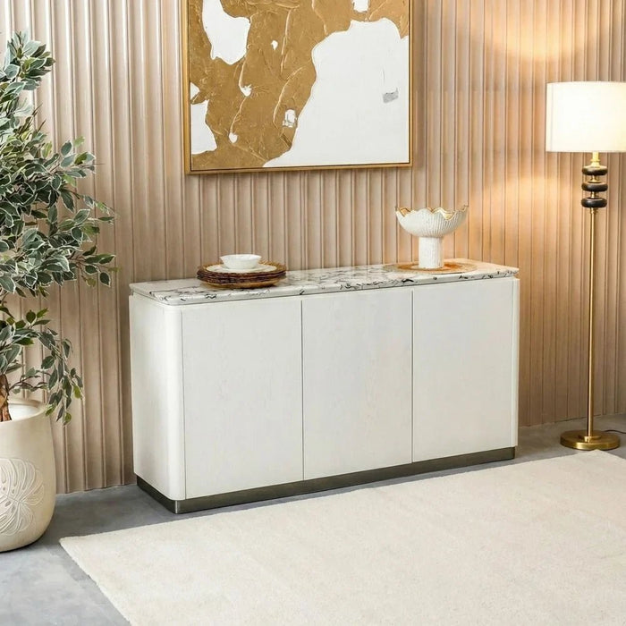 Akira Stone Top Sideboard With 3 Doors | Sturdy Kitchen Organiser Rack | Modern Design Sideboard Cabinet Side Board For Dining Room L152xW45xH78cm - White/Grey