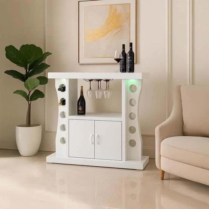 Hazky Glass Top 2 Door Bar Counter With RGB Downlight+Bluetooth Speaker+ Wine Glass Hangers and Bottle Holders | Sturdy Kitchen Organiser Rack L120xW40xH110cm - High Gloss White