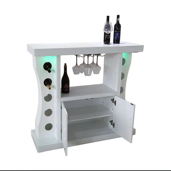 Hazky Glass Top 2 Door Bar Counter With RGB Downlight+Bluetooth Speaker+ Wine Glass Hangers and Bottle Holders | Sturdy Kitchen Organiser Rack L120xW40xH110cm - High Gloss White