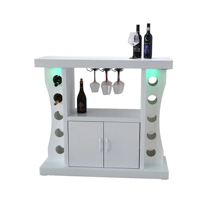 Hazky Glass Top 2 Door Bar Counter With RGB Downlight+Bluetooth Speaker+ Wine Glass Hangers and Bottle Holders | Sturdy Kitchen Organiser Rack L120xW40xH110cm - High Gloss White