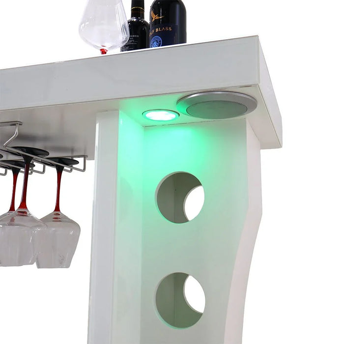 Hazky Glass Top 2 Door Bar Counter With RGB Downlight+Bluetooth Speaker+ Wine Glass Hangers and Bottle Holders | Sturdy Kitchen Organiser Rack L120xW40xH110cm - High Gloss White