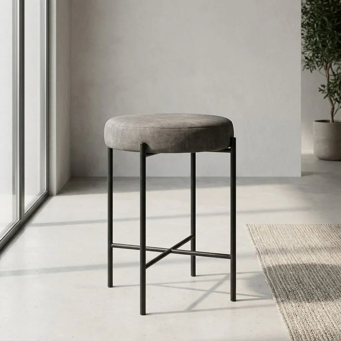 Romsdal Round Bar Stool With Fabric Upholstery | Counter Chair Without Table| Single Seater Modern Design Armless Stool With Footrest Furniture L48xW48xH66cmDark Brown/Black