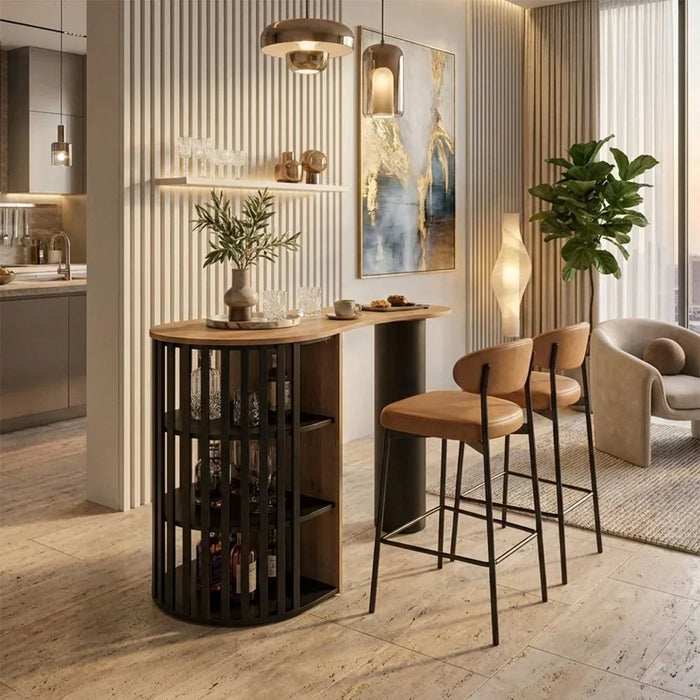 Nordland Bar Table With Open Shelves | Sturdy Dining Table Without Chairs | Modern Design Desk Furniture For Kitchen, Mini Bar And Dining Room L145xW68xH90cm - Oak/Black