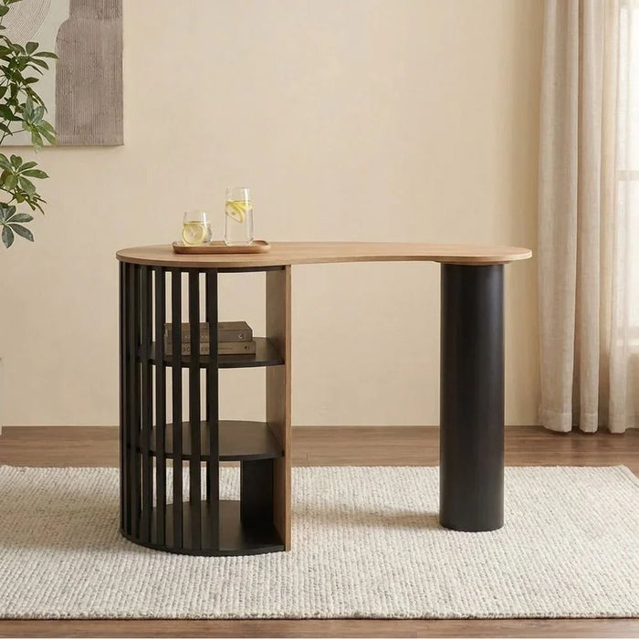 Nordland Bar Table With Open Shelves | Sturdy Dining Table Without Chairs | Modern Design Desk Furniture For Kitchen, Mini Bar And Dining Room L145xW68xH90cm - Oak/Black