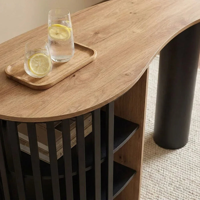 Nordland Bar Table With Open Shelves | Sturdy Dining Table Without Chairs | Modern Design Desk Furniture For Kitchen, Mini Bar And Dining Room L145xW68xH90cm - Oak/Black