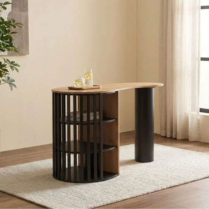 Nordland Bar Table With Open Shelves | Sturdy Dining Table Without Chairs | Modern Design Desk Furniture For Kitchen, Mini Bar And Dining Room L145xW68xH90cm - Oak/Black
