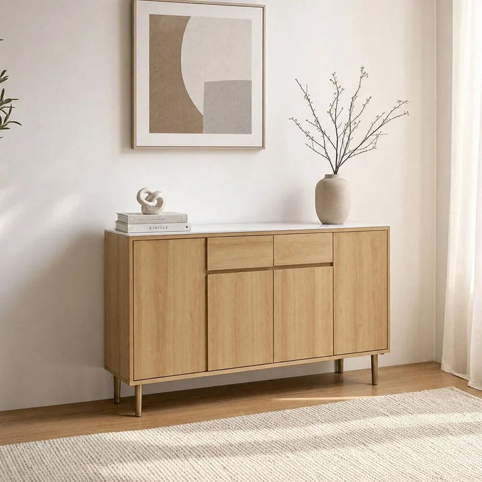 Dreamfield Stone Top  Buffet Cabinet  With 2 Drawers & 4 Doors | Sturdy Kitchen Organiser Rack | Modern Design Sideboard Cabinet For Dining Room L150xW45xH80cm-White/Beige