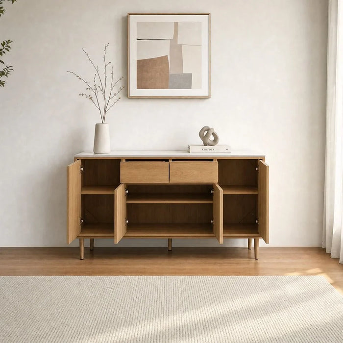 Dreamfield Stone Top  Buffet Cabinet  With 2 Drawers & 4 Doors | Sturdy Kitchen Organiser Rack | Modern Design Sideboard Cabinet For Dining Room L150xW45xH80cm-White/Beige