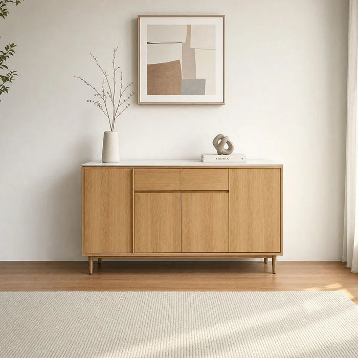 Dreamfield Stone Top  Buffet Cabinet  With 2 Drawers & 4 Doors | Sturdy Kitchen Organiser Rack | Modern Design Sideboard Cabinet For Dining Room L150xW45xH80cm-White/Beige