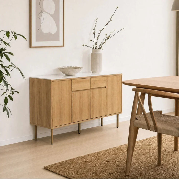 Dreamfield Stone Top  Buffet Cabinet  With 2 Drawers & 4 Doors | Sturdy Kitchen Organiser Rack | Modern Design Sideboard Cabinet For Dining Room L150xW45xH80cm-White/Beige