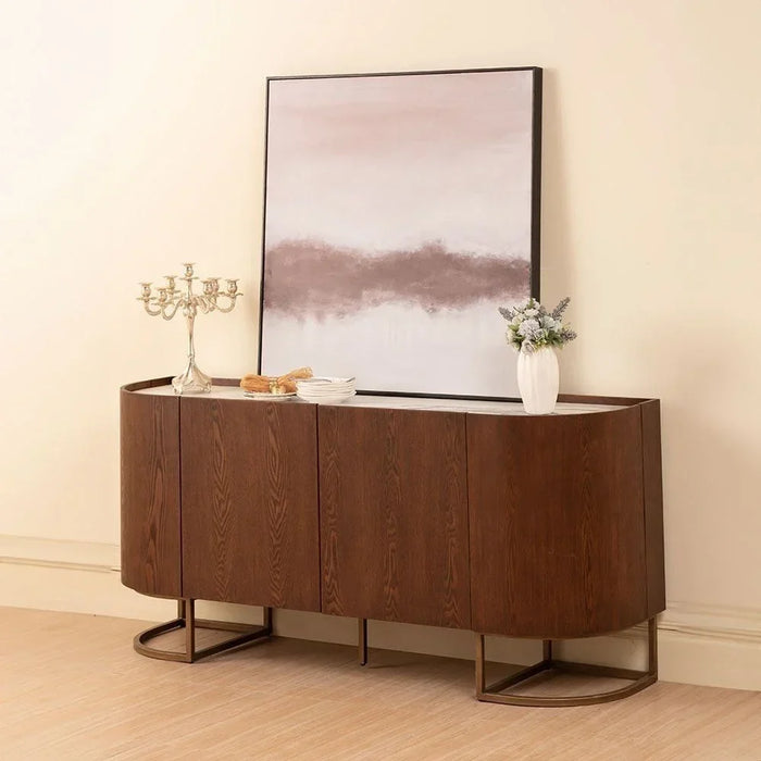 New AlHamra Stone Top Buffet Cabinet | Sturdy Kitchen Organiser Rack | Modern Design Sideboard Cabinet For Dining Room L180xW48xH80cm-White/Green/Brown
