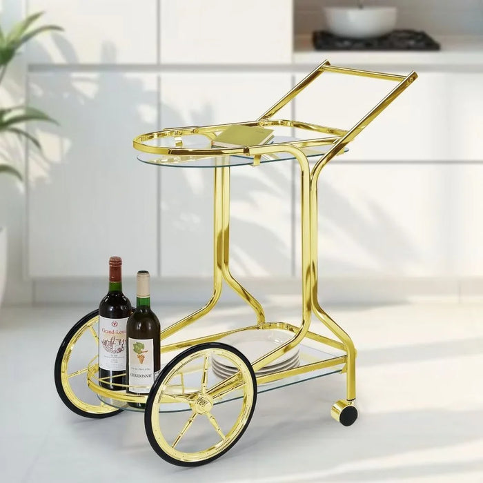Ohio 2 Layers Tempered Glass Serving Trolley  | Kitchen Trolley | Easy To Use Rolling Cart | Modern Design Serving Cart For Dining Kitchen L82xW46xH92cm - Clear/Brass