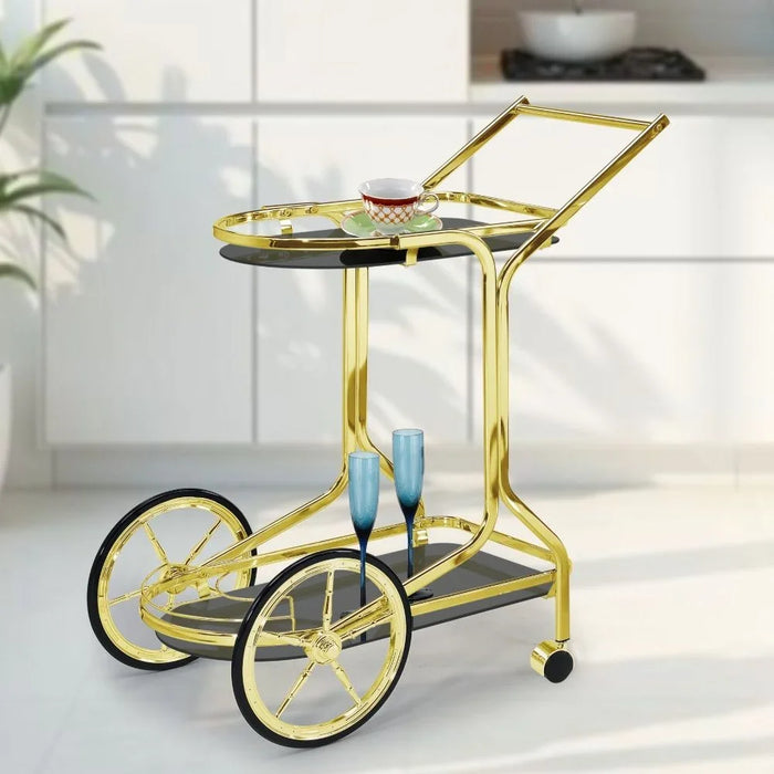 Ohio 2 Layers Tempered Glass Serving Trolley  | Kitchen Trolley | Easy To Use Rolling Cart | Modern Design Serving Cart For Dining Kitchen L82xW46xH92cm - Black/Brass