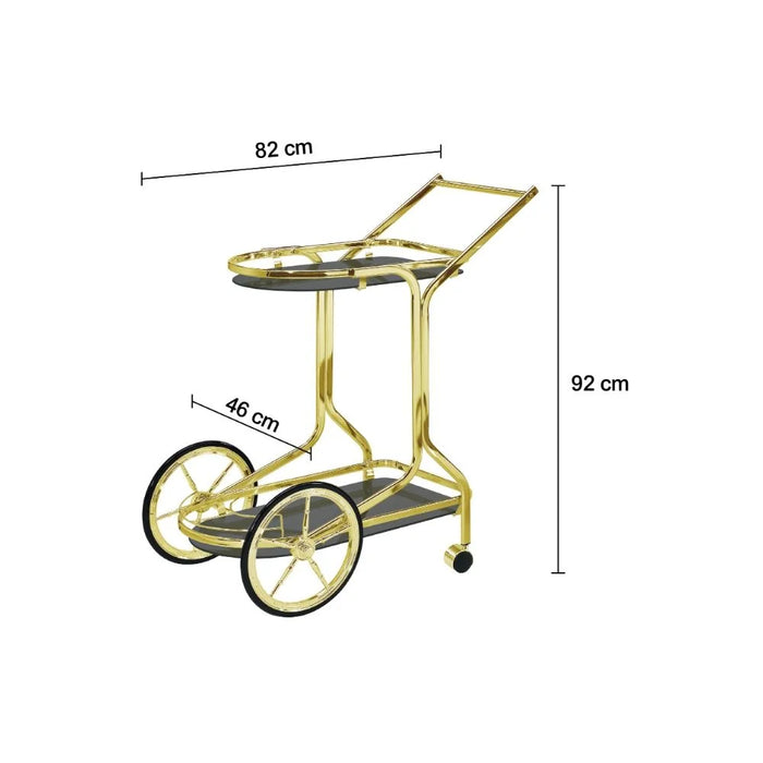 Ohio 2 Layers Tempered Glass Serving Trolley  | Kitchen Trolley | Easy To Use Rolling Cart | Modern Design Serving Cart For Dining Kitchen L82xW46xH92cm - Black/Brass