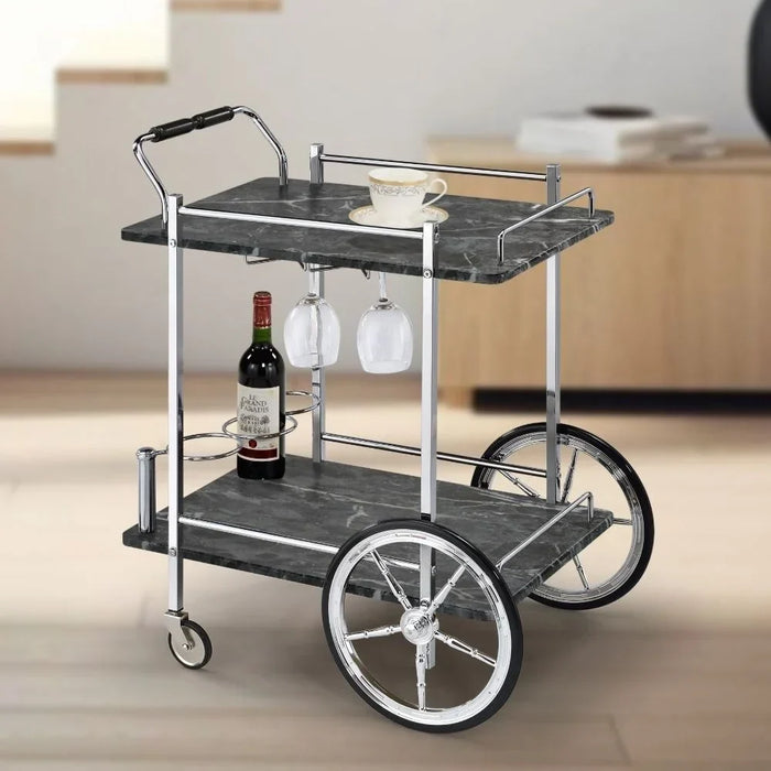 Tijuana 2 Layers Serving Trolley With Goblet And Bottle Holders | Kitchen Trolley | Easy To Use Rolling Cart | Modern Design Serving Cart For Dining Kitchen L65xW48xH80cm - Black/Chrome