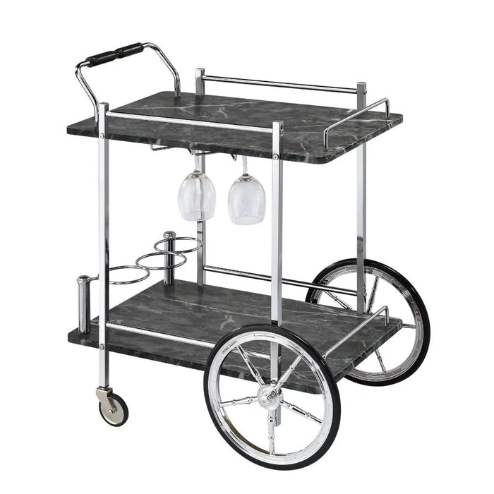 Tijuana 2 Layers Serving Trolley With Goblet And Bottle Holders | Kitchen Trolley | Easy To Use Rolling Cart | Modern Design Serving Cart For Dining Kitchen L65xW48xH80cm - Black/Chrome