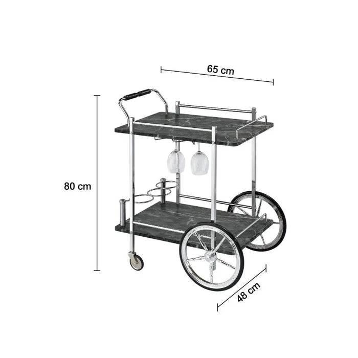 Tijuana 2 Layers Serving Trolley With Goblet And Bottle Holders | Kitchen Trolley | Easy To Use Rolling Cart | Modern Design Serving Cart For Dining Kitchen L65xW48xH80cm - Black/Chrome