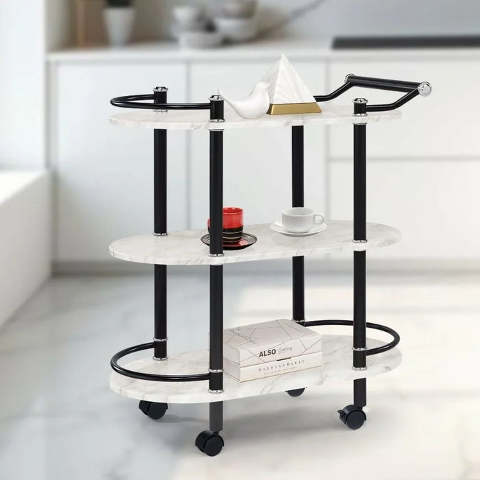 Cleveland 3 Layers Serving Trolley  | Kitchen Trolley | Easy To Use Rolling Cart | Modern Design Serving Cart For Dining Kitchen L77xW39xH92cm - White/Black
